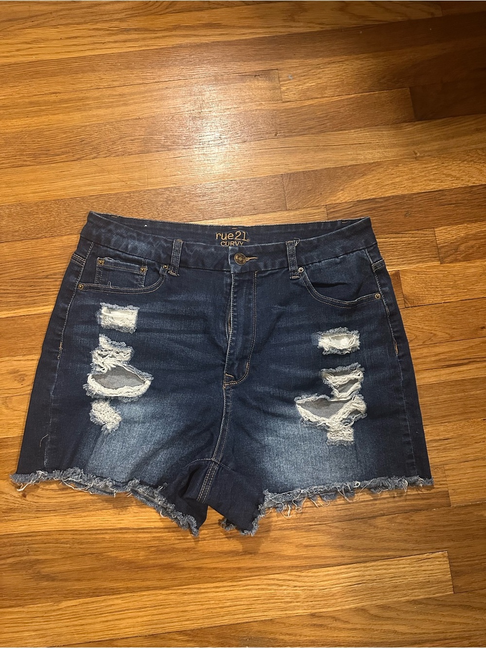Rue21 Dark Blue Distressed Denim Shorts with Frayed Hem